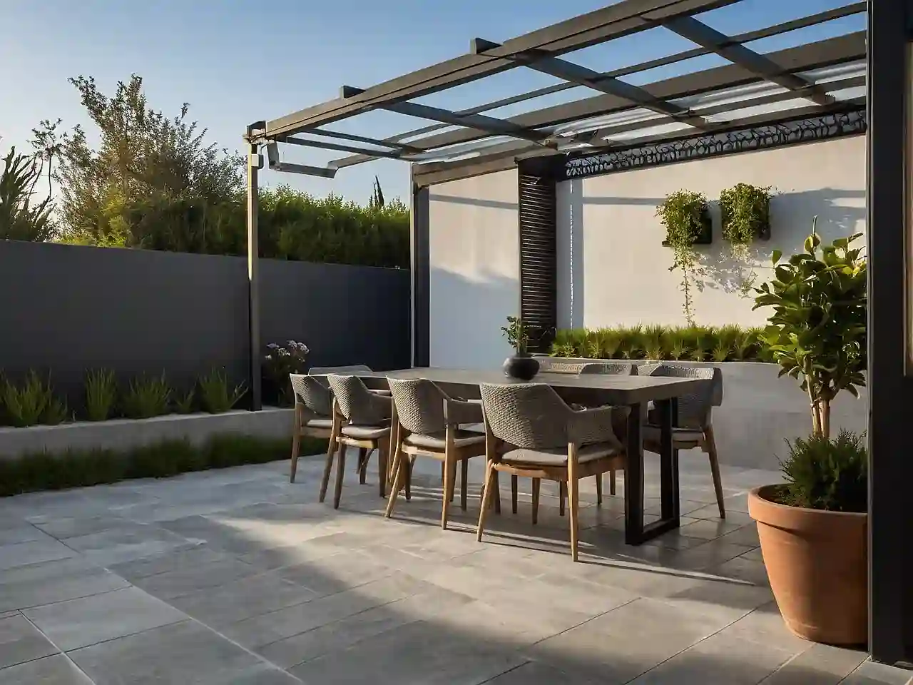 Een terras met keramische tegels die op beton lijken